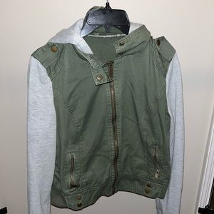 Army greens and gray sweatshirt jacket
